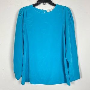 Diane Von Furstenberg Blouse Shirt Popover Knit Top Solid Blue‎ Keyhole Back